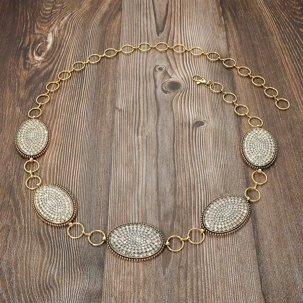 Gold Rhinestone Paved Concho Chain Statement Belt